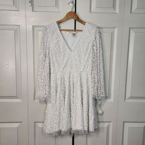 Lara White Sequin V-Neck‎ Bell Sleeve Midi Dress Bridal Bachelorette Size 8